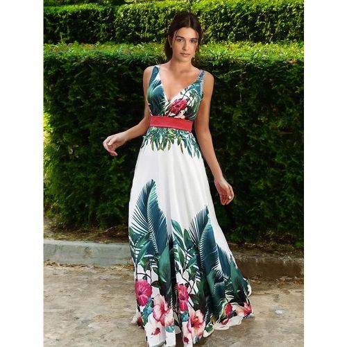 Maxi Dresses Sleeveless Floral Printed Pattern V-Neck Lace Up Layered Floor Length Dress - milanoo.com - Modalova