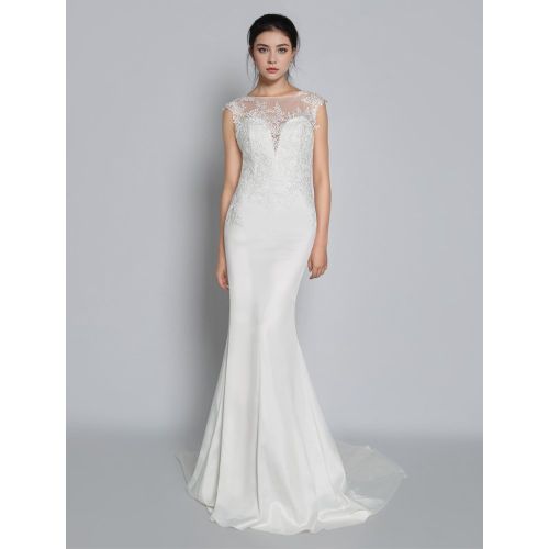 Simple Mermaid Wedding Dress Chiffon Illusion Neckline Sleeveless Court Train Applique Sheath Bridal Gowns Free Customization - milanoo.com - Modalova