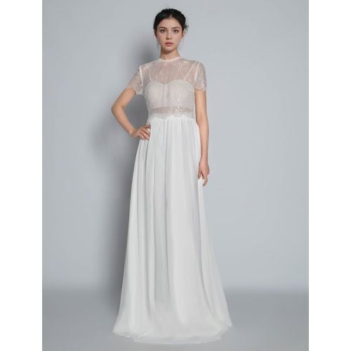 Ivory Two-piece Wedding Dress Lace Jewel Neck A-Line With Train Short Sleeves Bridal Dress - milanoo.com - Modalova