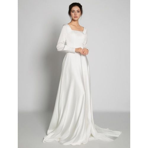 Simple Causal Wedding Dress Satin Fabric Square Neckline Long Sleeves A-Line Floor Length Bridal Gowns Free Customization - milanoo.com - Modalova