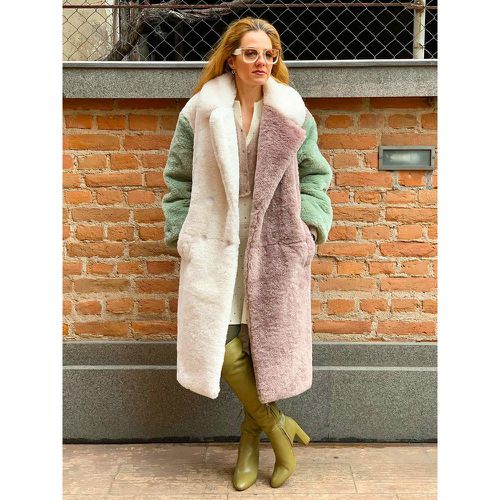 Color Block Overcoat Notched Lapel Front Button Faux Fur Outerwear - milanoo.com - Modalova