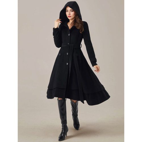 Outerwear For Woman Hooded Sash Elegant Layered Burgundy Winter Coat - milanoo.com - Modalova