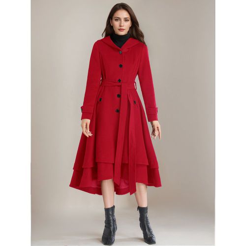 Outerwear For Woman Hooded Sash Elegant Layered Burgundy Winter Coat - milanoo.com - Modalova