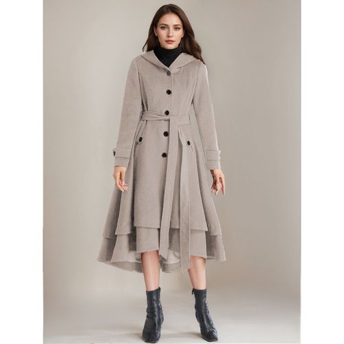 Outerwear For Woman Hooded Sash Elegant Layered Burgundy Winter Coat - milanoo.com - Modalova