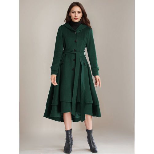 Outerwear For Woman Hooded Sash Elegant Layered Burgundy Winter Coat - milanoo.com - Modalova