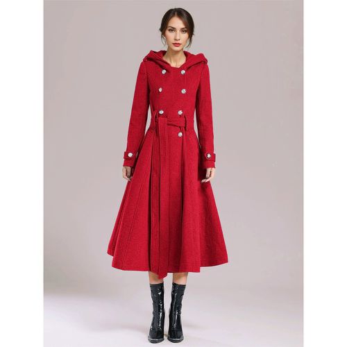 Woman's Outerwear Hooded Buttons Elegant Burgundy Wrap Coat - milanoo.com - Modalova