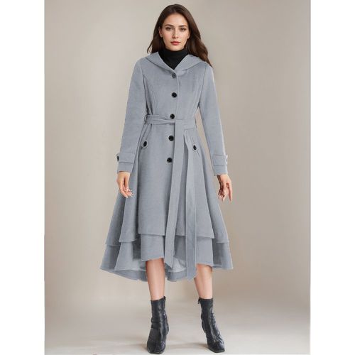 Outerwear For Woman Hooded Sash Elegant Layered Burgundy Winter Coat - milanoo.com - Modalova