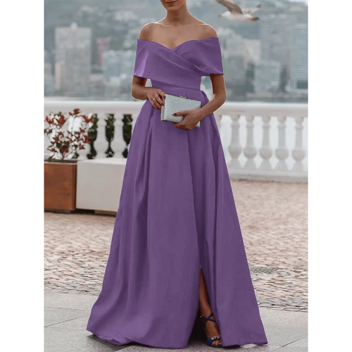 Evening Dress A-Line Off-The-Shoulder Satin Fabric With Train Pleated Formal Dinner Dresses - milanoo.com - Modalova