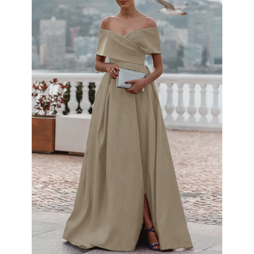 Evening Dress A-Line Off-The-Shoulder Satin Fabric With Train Pleated Formal Dinner Dresses - milanoo.com - Modalova