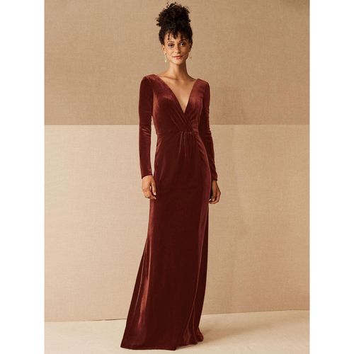 Burgundy Evening Dress 2024 A-Line V-Neck Long Sleeve Velour Floor-Length Formal Dresses Wedding Guest Dresses Free Customization - milanoo.com - Modalova