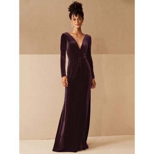 Burgundy Evening Dress 2024 A-Line V-Neck Long Sleeve Velour Floor-Length Formal Dresses Wedding Guest Dresses Free Customization - milanoo.com - Modalova