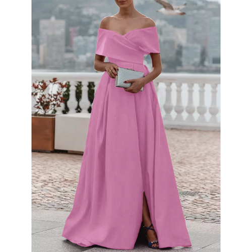 Evening Dress A-Line Off-The-Shoulder Satin Fabric With Train Pleated Formal Dinner Dresses - milanoo.com - Modalova