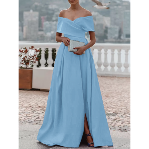 Evening Dress A-Line Off-The-Shoulder Satin Fabric With Train Pleated Formal Dinner Dresses - milanoo.com - Modalova