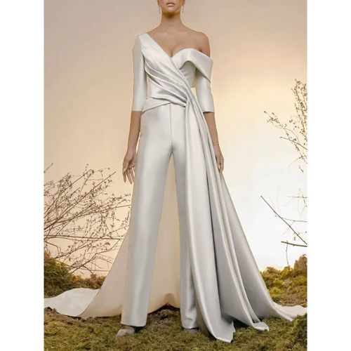 Bridal Jumpsuit Satin Fabric Pleated With Train Jumpsuit Designed Neckline Half Sleeves 30cm Natural Waist - milanoo.com - Modalova