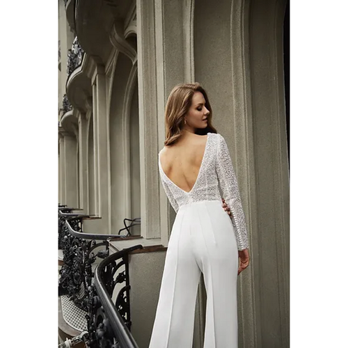 Bridal Jumpsuit Lace Cut Out Floor-Length Jumpsuit Jewel Neck Long Sleeves Ivory - milanoo.com - Modalova