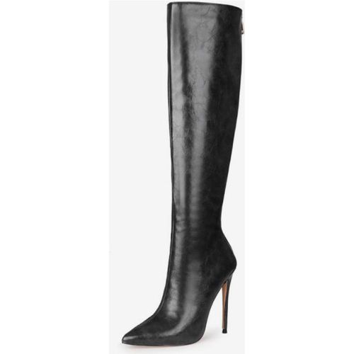 Womens Knee High Boots Navy Blue Pointed Toe PU Leather Stiletto Heeled Boots - milanoo.com - Modalova