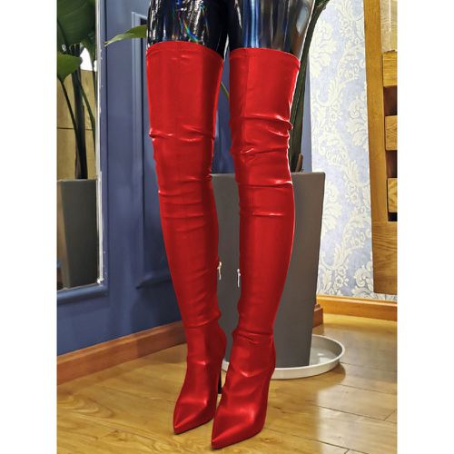 Women Sexy Boots Plus Size Pointed Toe Slip-On Stiletto Heel Black Thigh High Over The Knee Boots - milanoo.com - Modalova