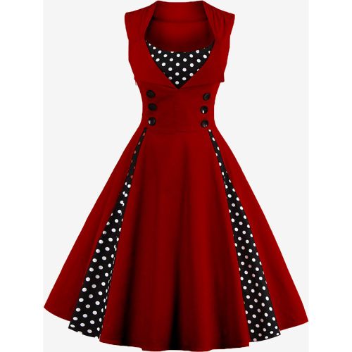 Red Vintage Glamour Dress Polka Dot Square Neck Sleeveless Slim Fit Circle Skater Dress For Women - milanoo.com - Modalova