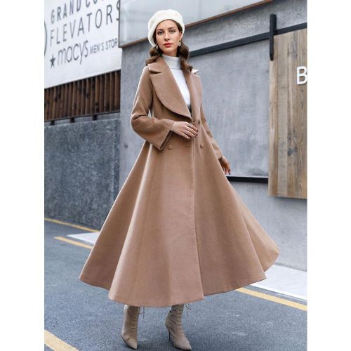 Full Length Woolen Coat For Woman Flared Classic Large Lapel A-line Winter Maxi Outerwear 2025 - milanoo.com - Modalova