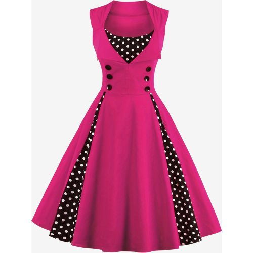 Red Vintage Glamour Dress Polka Dot Square Neck Sleeveless Slim Fit Circle Skater Dress For Women - milanoo.com - Modalova