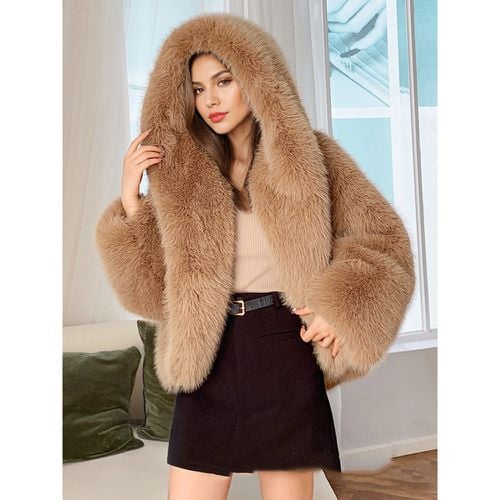 Faux Fur Coats Long Sleeves Chic Faux Leather Coat High Low Design Hooded Women Coat - milanoo.com - Modalova