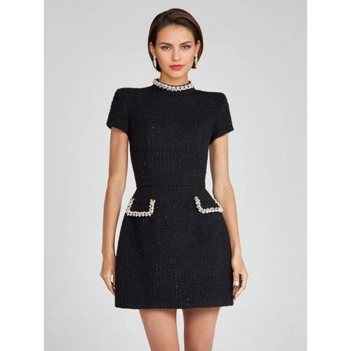 Party Dresses White High Collar Studded Short Sleeves Semi Formal Dress - milanoo.com - Modalova