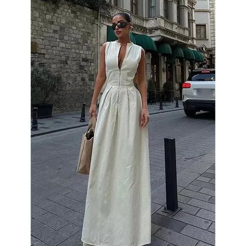 Maxi Dresses Jewel Neck Sleeveless Polyester Zipper Floor Length Dress - milanoo.com - Modalova