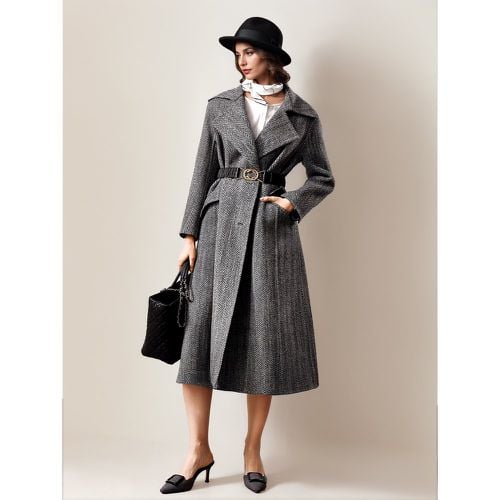 Woolen British Style Overcoat For Woman Belted Large lapel Herringbone Pattern Wrap Coat 2025 - milanoo.com - Modalova