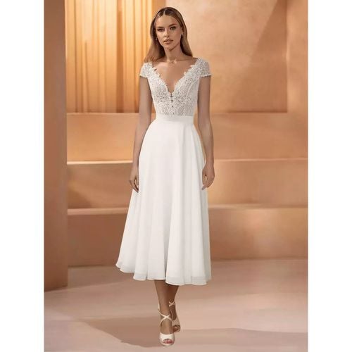 Short Wedding Dresses Jewel Neck Short Sleeves Short Tea-Length Bridal Dresses - milanoo.com - Modalova