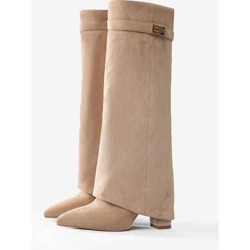 Suede Knee High Boots Apricot Pointed Toe Buckled Detail Zip Up Chunky Heel Boots - milanoo.com - Modalova