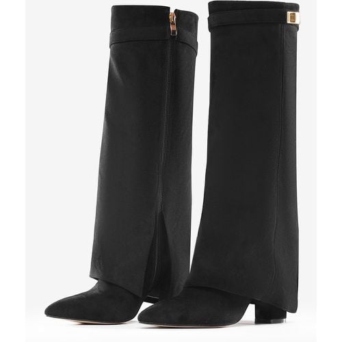 Suede Knee High Boots Apricot Pointed Toe Buckled Detail Zip Up Chunky Heel Boots - milanoo.com - Modalova