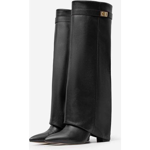 Knee High Boots Chunky Heel Pointed Toe Buckled Detail Foldover Boots - milanoo.com - Modalova