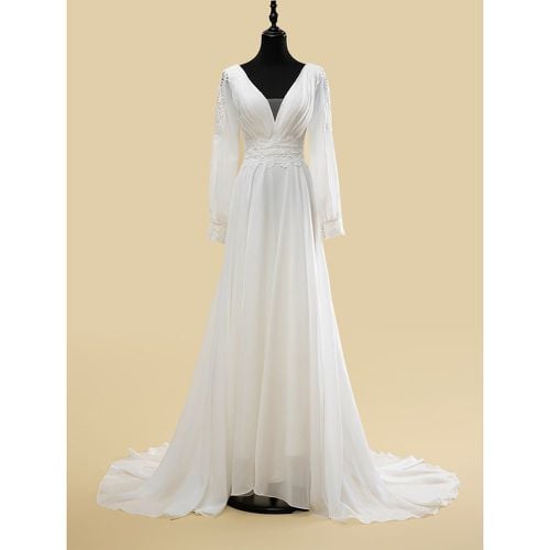 Simple Wedding Dress A-Line V-Neck Long Sleeves Cut Out 40cm Bridal Gowns - milanoo.com - Modalova