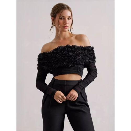 Crop Top With Rose Embellishments Off-shoulder Long Sleeves Vintage-Style Tops For Women 2025 - milanoo.com - Modalova