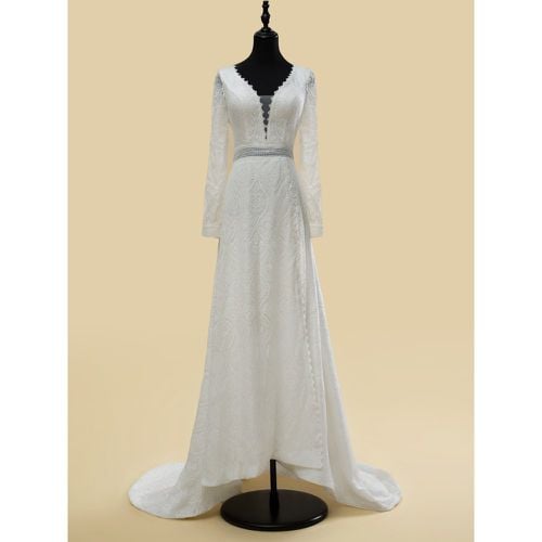 Boho Wedding Dress Lace Cut Out Ball Gown With Train Natural Waist Backless Long Sleeves V-Neck - milanoo.com - Modalova