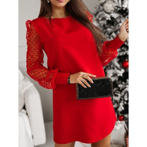 Shift Dresses Polka Dots Sheer Long Sleeve Jewel Neck Spring Casual Mini Dress For Women 2025 - milanoo.com - Modalova