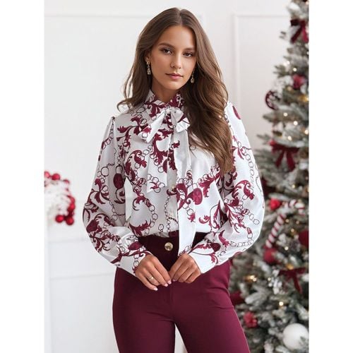 Floral Blouse With Bowknot Lantern Long Sleeves Solid Color Spring Shirt For Women 2025 - milanoo.com - Modalova