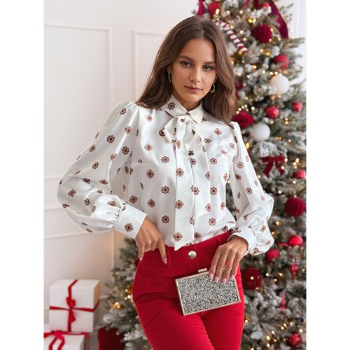 Floral Blouse With Bowknot Lantern Long Sleeves Solid Color Spring Shirt For Women 2025 - milanoo.com - Modalova