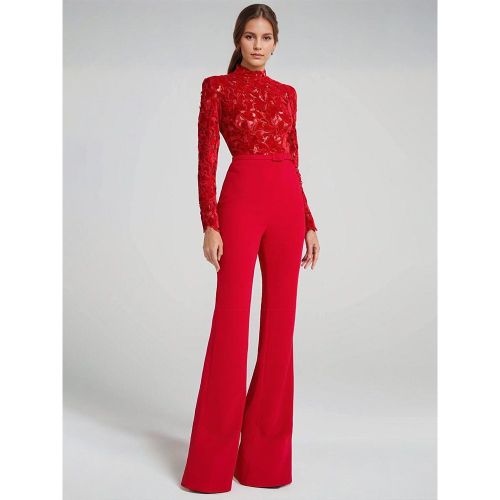 Jumpsuit with Lace Top High Neck Long Sleeve Flare Leg Semi-formal Party Wear For Women 2025 - milanoo.com - Modalova