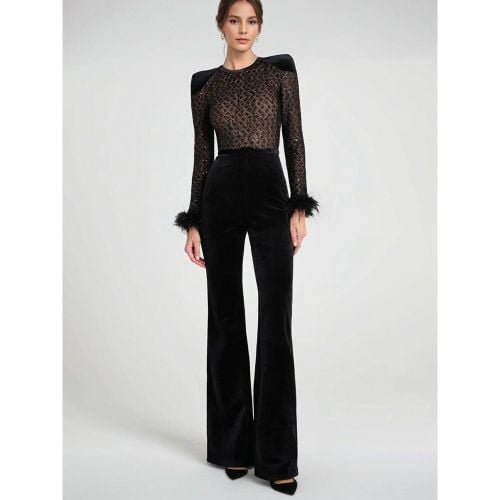 Feather Cuff Velvet Jumpsuit with Padded Shoulders Long Sleeve Spring Formal Party Wear For Women 2025 - milanoo.com - Modalova