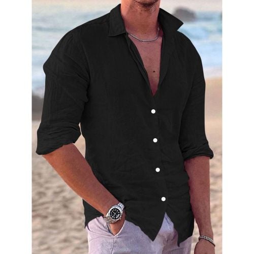 Men's Long Sleeve Cuban Shirt Button Down Casual Summer Beach Linen Shirts - milanoo.com - Modalova