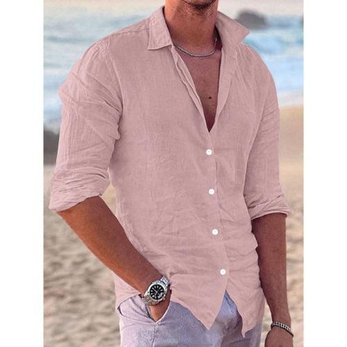 Men's Long Sleeve Cuban Shirt Button Down Casual Summer Beach Linen Shirts - milanoo.com - Modalova