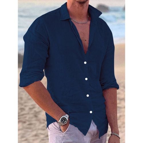 Men's Long Sleeve Cuban Shirt Button Down Casual Summer Beach Linen Shirts - milanoo.com - Modalova