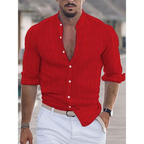 Men's Casual Shirt Stand Collar Long Sleeve Stripes Button Down Shirts - milanoo.com - Modalova