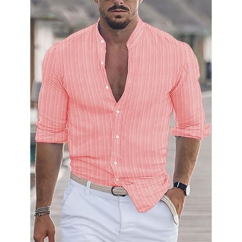 Men's Casual Shirt Stand Collar Long Sleeve Stripes Button Down Shirts - milanoo.com - Modalova