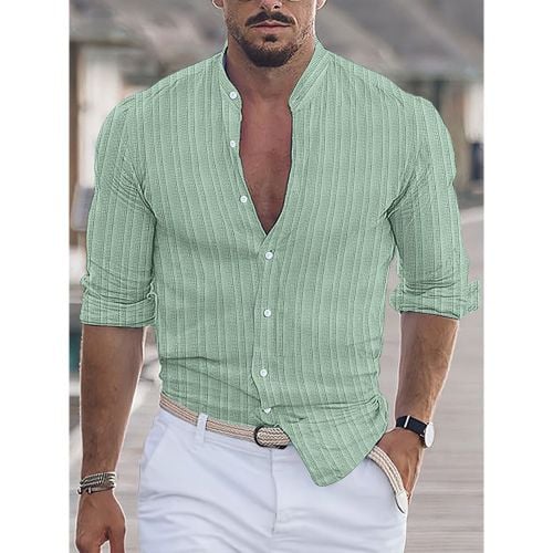 Men's Casual Shirt Stand Collar Long Sleeve Stripes Button Down Shirts - milanoo.com - Modalova