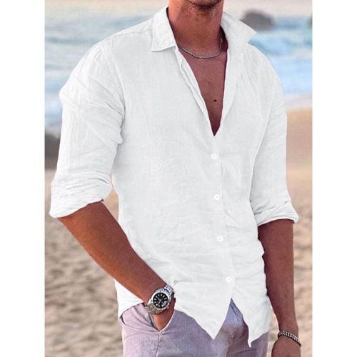 Men's Long Sleeve Cuban Shirt Button Down Casual Summer Beach Linen Shirts - milanoo.com - Modalova