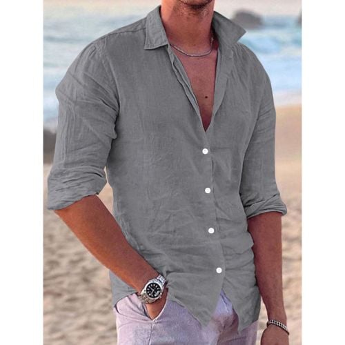 Men's Long Sleeve Cuban Shirt Button Down Casual Summer Beach Linen Shirts - milanoo.com - Modalova