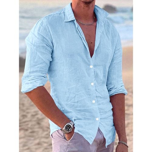 Men's Long Sleeve Cuban Shirt Button Down Casual Summer Beach Linen Shirts - milanoo.com - Modalova