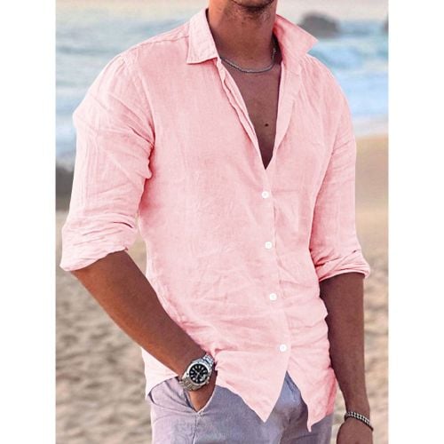 Men's Long Sleeve Cuban Shirt Button Down Casual Summer Beach Linen Shirts - milanoo.com - Modalova